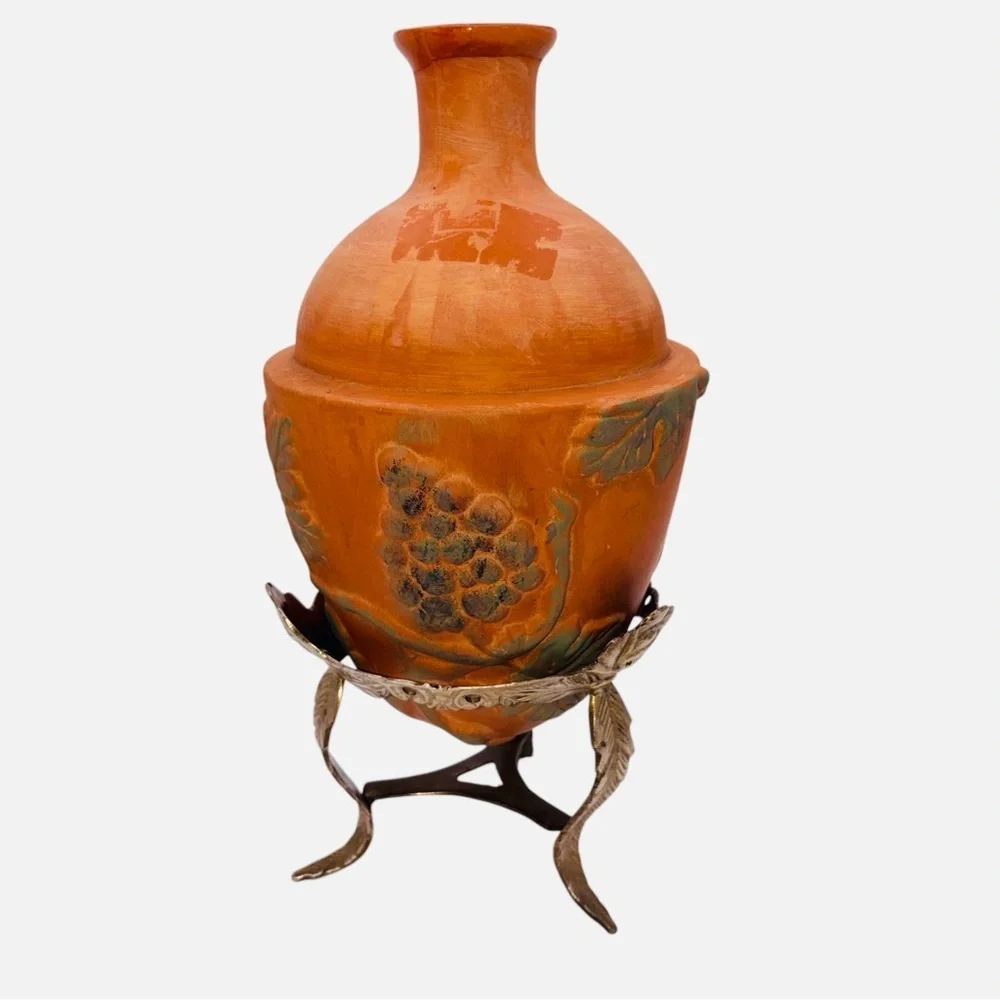 VTG Terracotta Vessel Raised Leaf Fruit Motif Vase With Brass Stand
